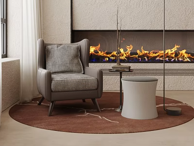 Modern Elegant Living Room Sofa and Round Coffee Table Set with Fireplace and Rug 3d model