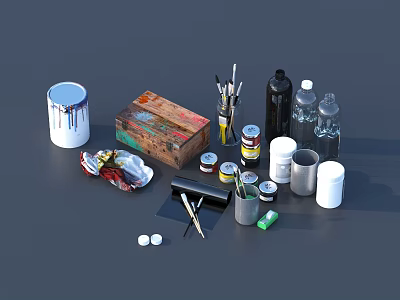 Assorted Household Items Including Paint Bucket Wooden Box Brushes And Bottles 3d model