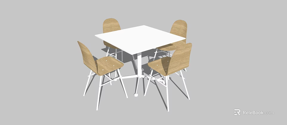 Modern Square White Dining Table Set With Four Wooden Chairs Having White Legs 3d model
