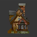 Colorful Cartoon Wooden House Scene With Sloped Roof Chimney And Porch Steps Windows