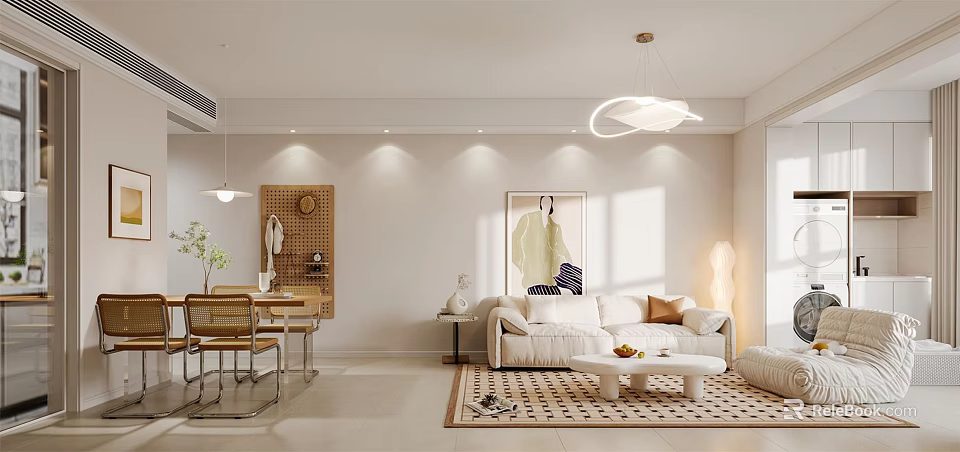 Modern Living And Dining Room With White Sofa Dining Table Pendant Light Decorative Painting And Area Rug 3d model 