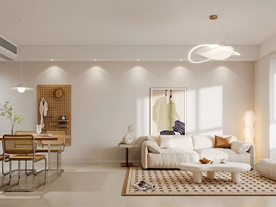 Modern Living And Dining Room With White Sofa Dining Table Pendant Light Decorative Painting And Area Rug 3d model