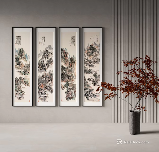 Four Chinese Landscape Paintings Hanging On Wall With Red Leaf Plant For Interior Decoration 3d model 