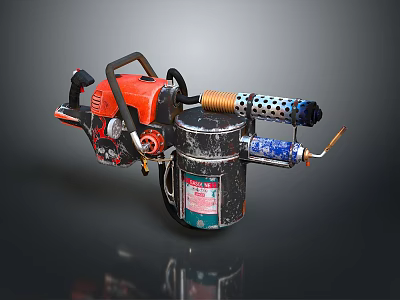 Custom Weapon With Red Engine Black Handle Metal Canister Yellow Hose And Orange Nozzle 3d model