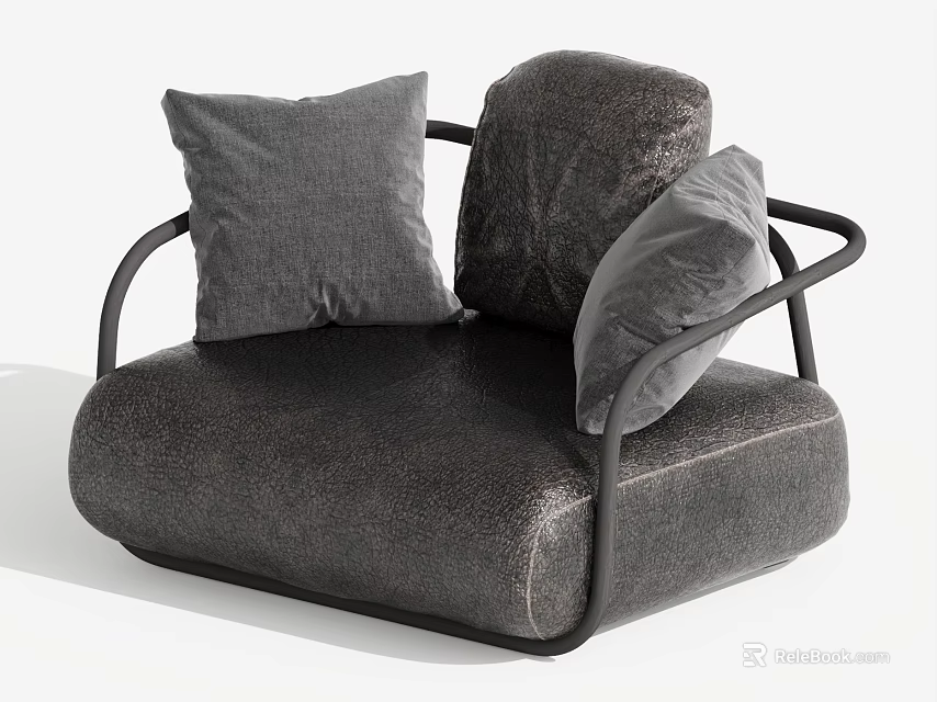 Modern Dark Gray Single Seater Sofa With Textured Fabric Black Metal Armrests And Gray Cushions 3d model 