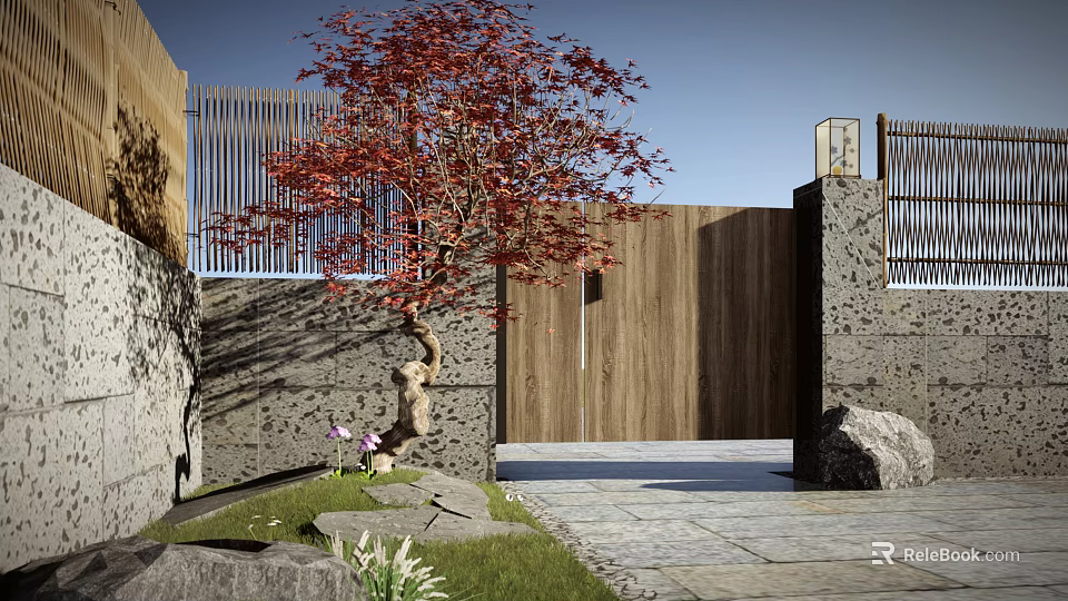 Elegant Entrance Gate With Wooden Fence Red Maple Tree Stone Decor And Green Grass 3d model 