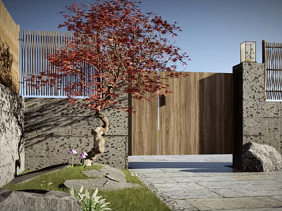 Elegant Entrance Gate With Wooden Fence Red Maple Tree Stone Decor And Green Grass 3d model