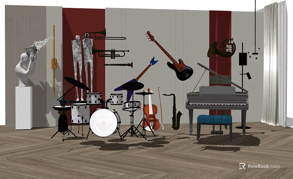 Creative Instruments and Art Supplies Setup Featuring Guitar Piano Drum Set Brushes and Easels 3d model 