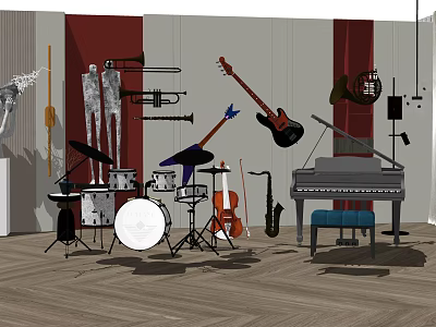 Creative Instruments and Art Supplies Setup Featuring Guitar Piano Drum Set Brushes and Easels 3d model