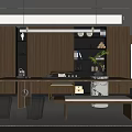 Modern Tea Room Interior Design With Long Table Tea Sets Green Plants And Decorative Painting