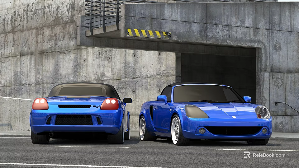 Two Blue Convertible Sports Cars Parked Near Concrete Structure And Tunnel Entrance 3d model 