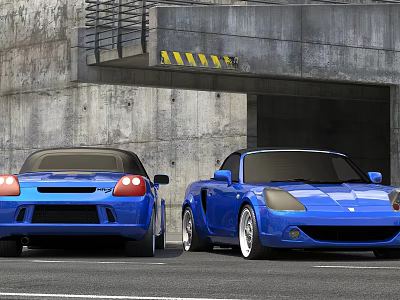 Two Blue Convertible Sports Cars Parked Near Concrete Structure And Tunnel Entrance 3d model