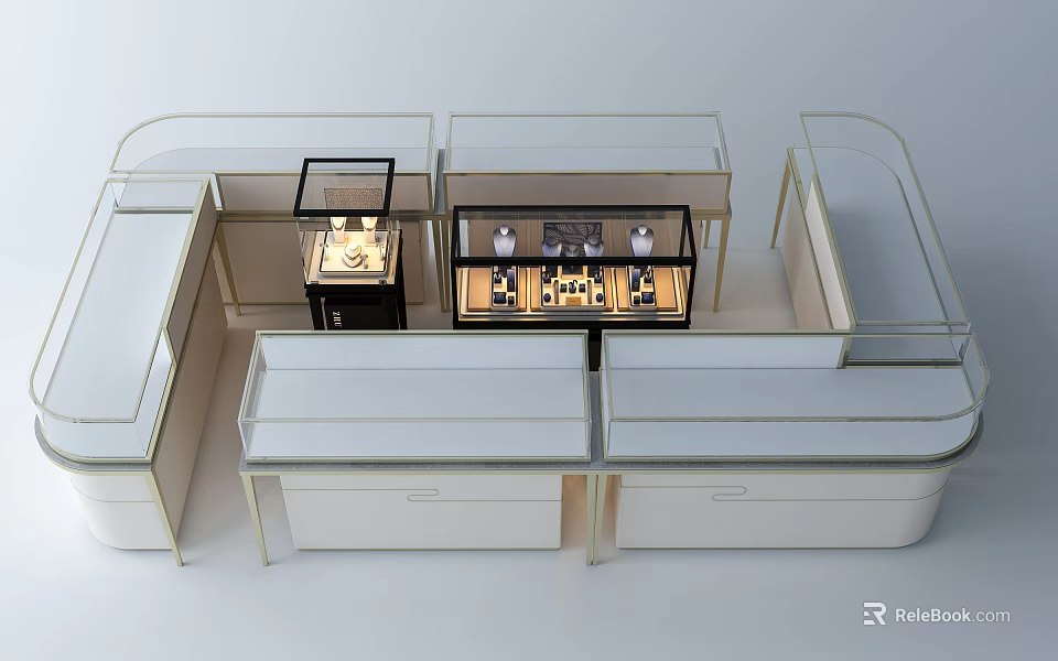 Jewelry Display Shelves With Glass Cabinets Modern Lighting And Countertop Design 3d model 