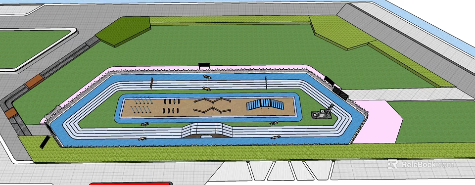 Sports Track And Field Facility Design With Running Lanes Grass Area And Stands 3d model 