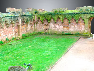 Ancient Architecture Ruins with Gothic Stone Walls Covered in Moss and Internal Lawn 3d model