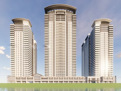 Modern High Rise Residential Towers With Green Lawn And Clear Sky 3d model