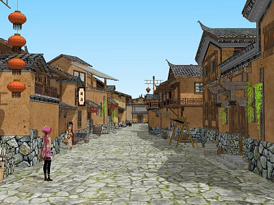 Traditional Guesthouse Architecture Along Ancient Stone Paved Street With Red Lanterns And Wooden Facades 3d model