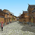 Traditional Guesthouse Architecture Along Ancient Stone Paved Street With Red Lanterns And Wooden Facades