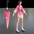 Anime Style Game Movie Character In Pink Cherry Blossom Kimono With Pink Umbrella