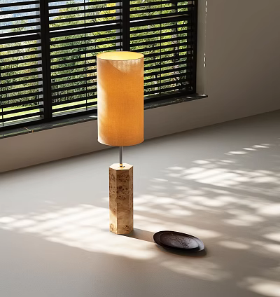 Cream Fabric Shade Floor Lamp With Wooden Base Near Window Blinds And Sunlight Shadows 3d model