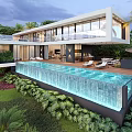 Modern Detached Villa With Infinity Pool Palm Trees And Lush Tropical Landscaping