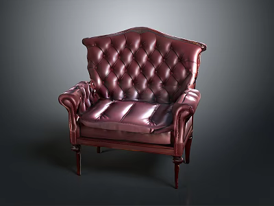 Burgundy Leather Single Sofa With Diamond Tufted Design And Wooden Legs 3d model