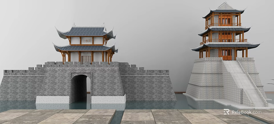 Ancient Chinese Architecture Featuring Traditional City Gate Tower Wall Pagoda Water and Stone Pavement 3d model 