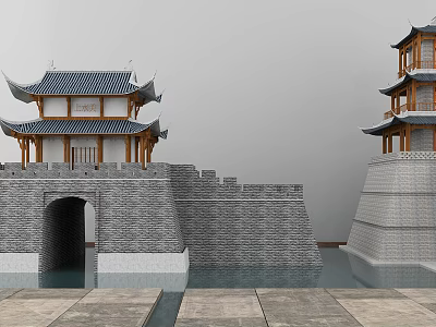Ancient Chinese Architecture Featuring Traditional City Gate Tower Wall Pagoda Water and Stone Pavement 3d model