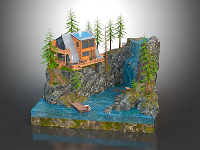 Scenic Cliffside Hotel Building With Waterfall Pine Trees Wooden Dock And Small Boat 3d model
