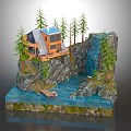 Scenic Cliffside Hotel Building With Waterfall Pine Trees Wooden Dock And Small Boat