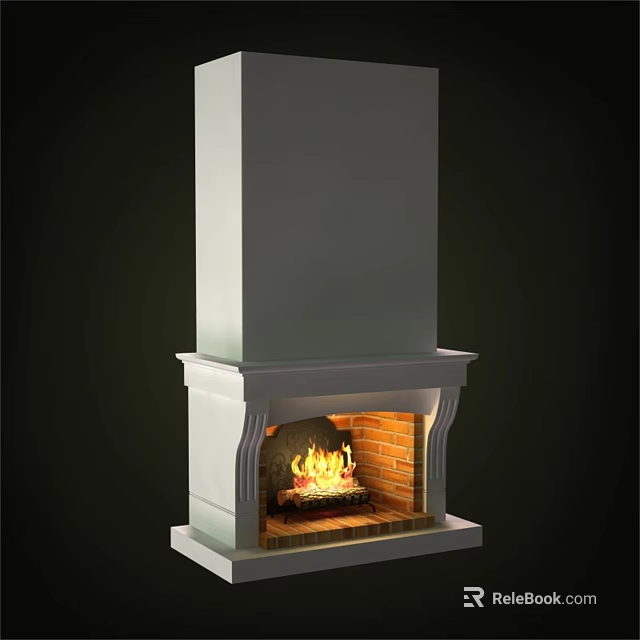 White Framed Fireplace with Brick Hearth and Burning Flames in Interior Design 3d model 