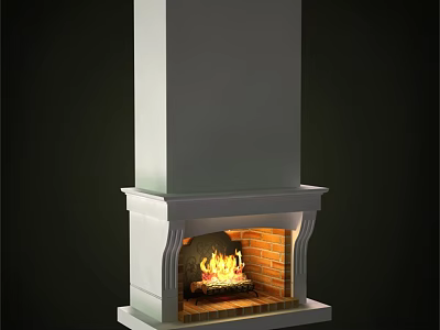 White Framed Fireplace with Brick Hearth and Burning Flames in Interior Design 3d model