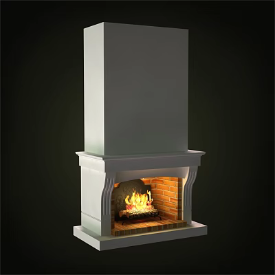 White Framed Fireplace with Brick Hearth and Burning Flames in Interior Design 3d model
