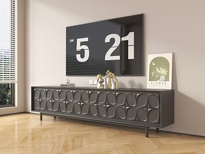 Modern Black TV Stand with Circular Pattern and Decorative Items Under Wall Mounted TV 3d model