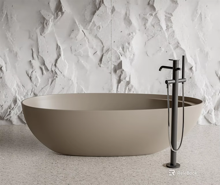 Modern Freestanding Neutral Beige Bathtub With Black Faucet And White Textured Stone Wall 3d model 