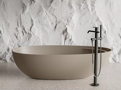 Modern Freestanding Neutral Beige Bathtub With Black Faucet And White Textured Stone Wall 3d model