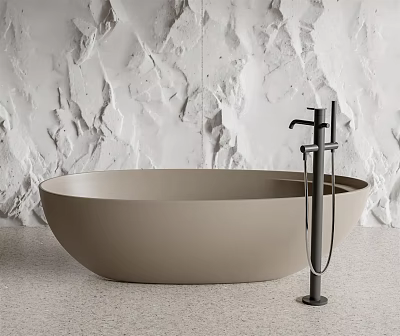 Modern Freestanding Neutral Beige Bathtub With Black Faucet And White Textured Stone Wall 3d model