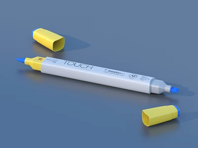 Marker Pen with Yellow Caps Blue Tip and Extra Caps on Gray Background 3d model