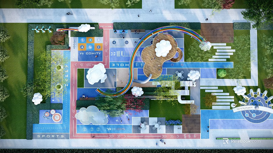 Vibrant Garden Landscape Design With Rainbow Structure Cloud Decor And Colorful Activity Areas 3d model 