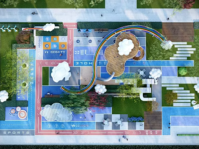 Vibrant Garden Landscape Design With Rainbow Structure Cloud Decor And Colorful Activity Areas 3d model