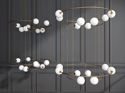 Chandeliers Featuring Golden Metal Frames White Spheres Hanging On Dark Gray Wall With Vertical Stripes 3d model