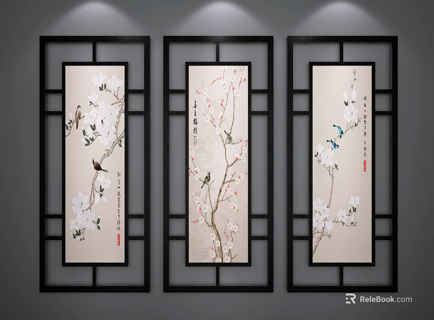 Three Panel Chinese Style Botanical Paintings Black Framed with Flowering Branches and Birds 3d model 