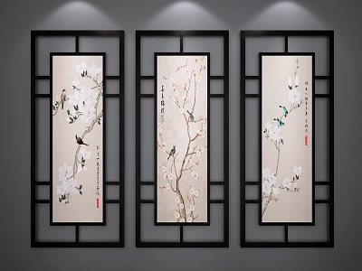 Three Panel Chinese Style Botanical Paintings Black Framed with Flowering Branches and Birds 3d model
