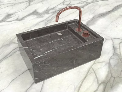Elegant Black Marble Washbasin with Copper Faucet on White Marble Countertop 3d model