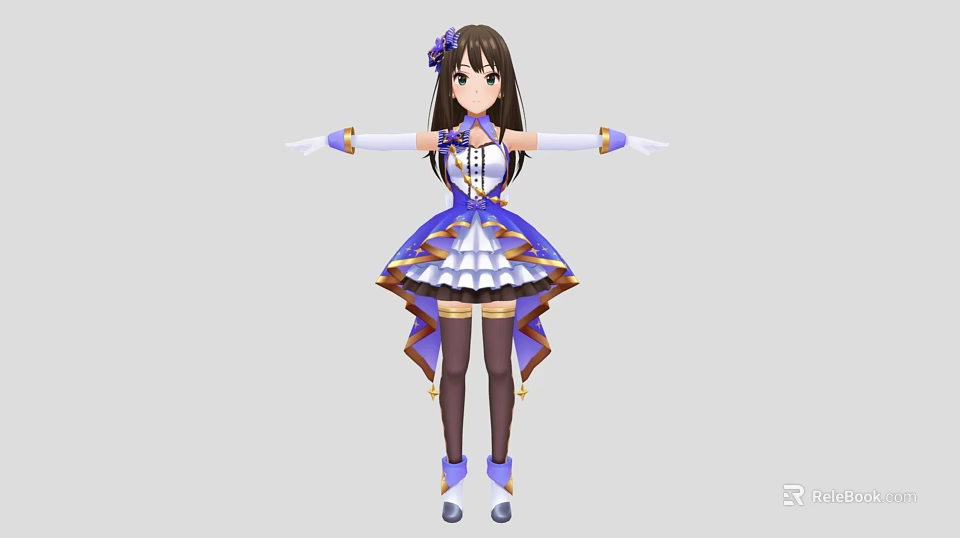 Woman With Long Brown Hair And Purple Flower Accessory Wearing Blue White Dress Long Gloves 3d model 