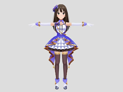 Woman With Long Brown Hair And Purple Flower Accessory Wearing Blue White Dress Long Gloves 3d model