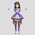 Woman With Long Brown Hair And Purple Flower Accessory Wearing Blue White Dress Long Gloves