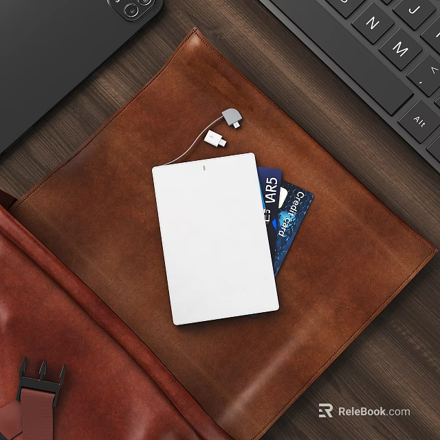 Portable White Power Bank With Charging Cable On Leather Wallet And Credit Cards 3d model 