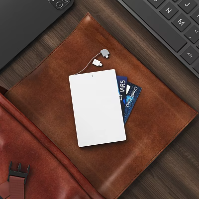 Portable White Power Bank With Charging Cable On Leather Wallet And Credit Cards 3d model