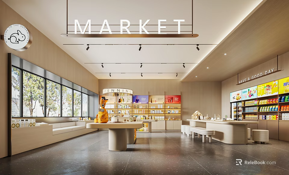Modern Supermarket Interior Design With Shelves Products Display Areas And Large Windows 3d model 